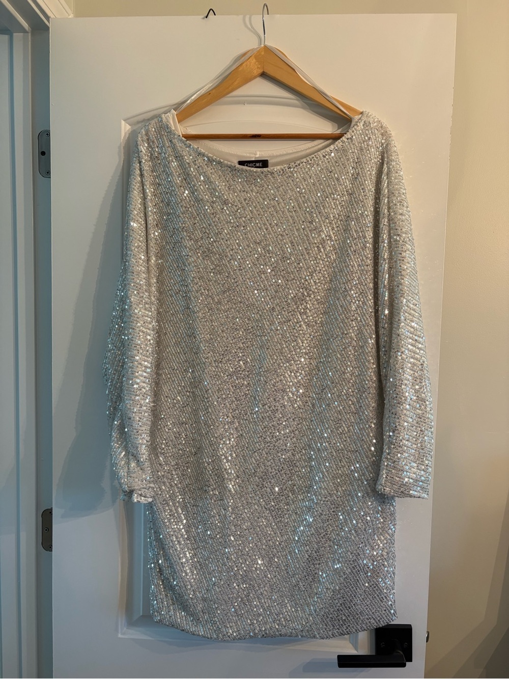 Sequin Boatneck Mini Dress in Silver